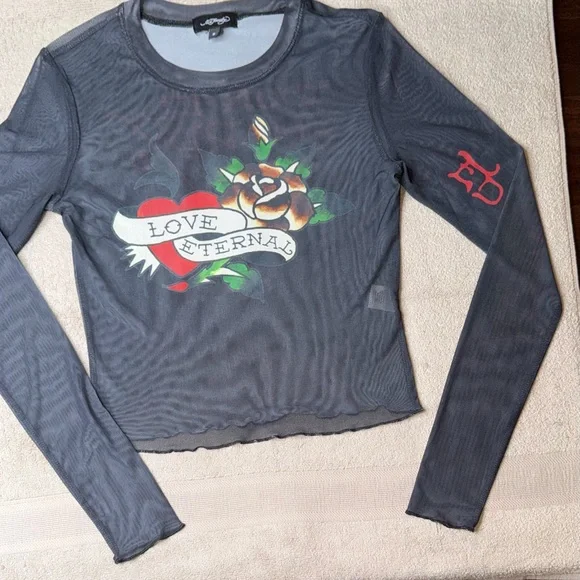 Ed Hardy Black Sheer Long Sleeve Tattoo-Print Crop Top - Picture 2 of 11